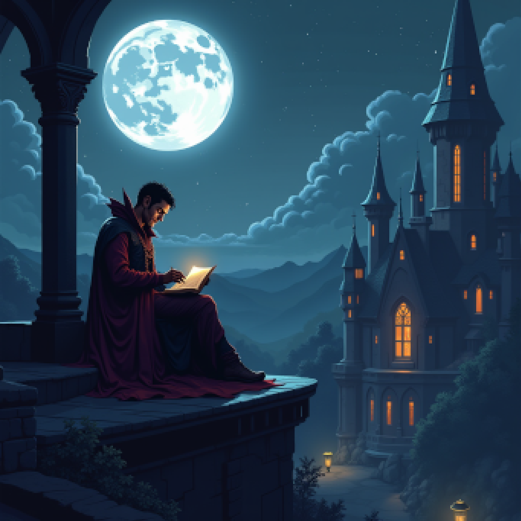 night scene with a vampire writing poetry in his gothic castle under a full moon, mountains in the distance